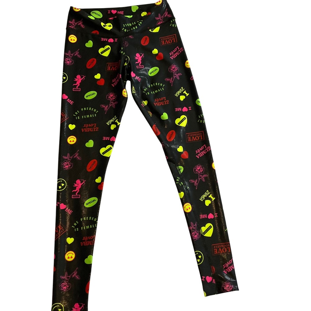 Zumba Wear S/P Black Print Leggings‎ Workout Activewear Hearts Love The Present